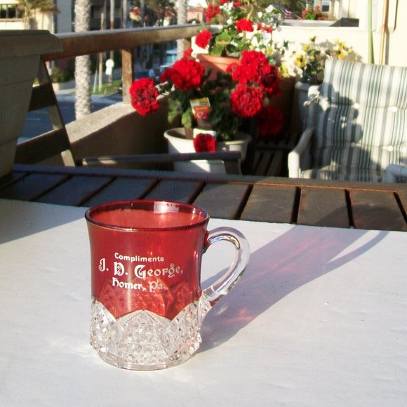 RUBY Flash Pressed Glass EAPG Complimentary Cup J D George Homer PA Silver Print - Picture 1 of 8